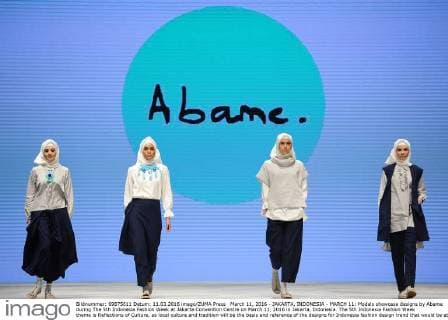 March 11, 2016 - JAKARTA, INDONESIA - MARCH 11: Models showcase designs by Abame during The 5th Indonesia Fashion Week at Jakarta Convention Centre on March 11, 2016 in Jakarta, Indonesia. The 5th Indonesia Fashion Week theme is Reflections of Culture, as local culture and tradition will be the basis and reference of the designs for Indonesia fashion design trend that would be able to carve Indonesia identity in the world of fashion that reflects its own culture. Indonesia hopes to become the Paris of Muslim fashion with modern designs in a variety of textures and colors. - ZUMAp112