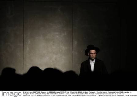 March 11, 2016 - Lisbon, Portugal - Model presents Autumn Winter 2016 creation by designer Ruben Damasio during the 45rd edition of Moda Lisboa Fashion Week at the Patio da Gale on Terreiro do Paco Square in Lisbon on March 11, 2016. NURPHOTO CARLOS PALMA. Lisbon Portugal  - ZUMAn230