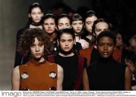 March 11, 2016 - Lisbon, Portugal - Model presents Autumn Winter 2016 creation by designer Carolina Machado during the 45rd edition of Moda Lisboa Fashion Week at the Patio da Gale on Terreiro do Paco Square in Lisbon on March 11, 2016. NURPHOTO CARLOS PALMA. Lisbon Portugal  - ZUMAn230