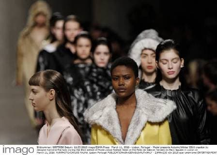 March 11, 2016 - Lisbon, Portugal - Model presents Autumn Winter 2016 creation by designer Carolina Machado during the 45rd edition of Moda Lisboa Fashion Week at the Patio da Gale on Terreiro do Paco Square in Lisbon on March 11, 2016. NURPHOTO CARLOS PALMA. Lisbon Portugal  - ZUMAn230
