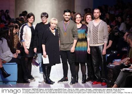 March 11, 2016 - Lisbon, Portugal - Liechtenstein-born designer Patrick de Padua (C) appears on the catwalk with the judges of the Sangue Novo (New Blood) competition that presented the Fall-Winter 2016 2017 collections of young designers from national and international fashion design schools, during the Lisbon Fashion Week on March 11, 2016 in Lisbon, Portugal. This year Lisbon Fashion Week celebrates the 25th anniversary. Lisbon Portugal - ZUMAf123