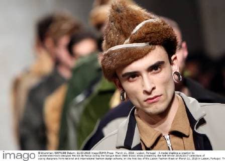 March 11, 2016 - Lisbon, Portugal - A model displays a creation by Liechtenstein-born designer Patrick de Padua during the Sangue Novo (New Blood) show presenting the Fall-Winter 2016 2017 collections of young designers from national and international fashion design schools, on the first day of the Lisbon Fashion Week on March 11, 2016 in Lisbon, Portugal. This year Lisbon Fashion Week celebrates the 25th anniversary. Lisbon Portugal - ZUMAf123