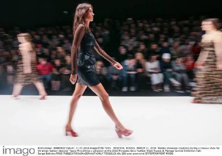 MOSCOW, RUSSIA. MARCH 11, 2016. Models showcase creations during a runway show for Ukrainian fashion designer Yasya Minochkina s collection at the 2016 Mercedes Benz Fashion Week Russia at Manege Central Exhibition Hall. Sergei Bobylev TASS  TS01921B
