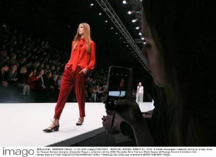 MOSCOW, RUSSIA. MARCH 11, 2016. A model showcases creations during a runway show for Russian fashion designer Alexander Rogov s collection at the 2016 Mercedes Benz Fashion Week Russia at Manege Central Exhibition Hall. Sergei Bobylev TASS  TS019222