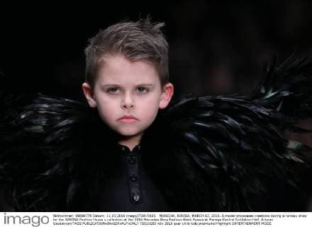 MOSCOW, RUSSIA. MARCH 12, 2016. A model showcases creations during a runway show for the JUNONA Fashion House s collection at the 2016 Mercedes Benz Fashion Week Russia at Manege Central Exhibition Hall. Artyom Geodakyan TASS  TS019283