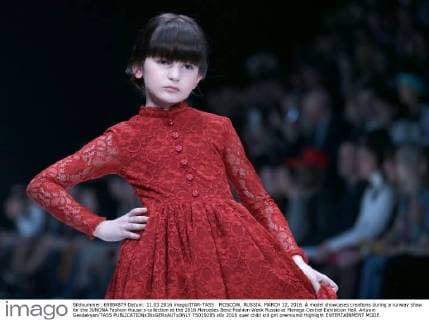 MOSCOW, RUSSIA. MARCH 12, 2016. A model showcases creations during a runway show for the JUNONA Fashion House s collection at the 2016 Mercedes Benz Fashion Week Russia at Manege Central Exhibition Hall. Artyom Geodakyan TASS  TS019285