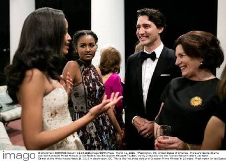 March 11, 2016 - Washington, DC, United States of America - Malia and Sasha Obama talk with Canadian Prime Minister Justin Trudeau and his mother Margaret Trudeau during a reception on the Truman Balcony before the State Dinner at the White House March 10, 2016 in Washington, DC. This is the first state visit by a Canadian Prime Minister in 20-years. Washington United States of America - ZUMAp138
