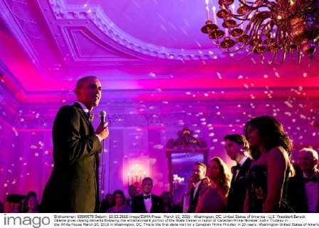 March 10, 2016 - Washington, DC, United States of America - U.S. President Barack Obama gives closing remarks following the entertainment portion of the State Dinner in honor of Canadian Prime Minister Justin Trudeau in the White House March 10, 2016 in Washington, DC. This is the first state visit by a Canadian Prime Minister in 20-years. Washington United States of America - ZUMAp138