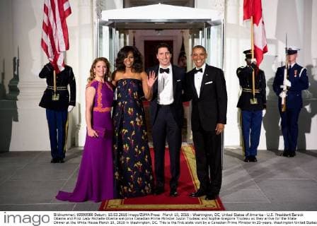 March 10, 2016 - Washington, DC, United States of America - U.S. President Barack Obama and First Lady Michelle Obama welcome Canadian Prime Minister Justin Trudeau and Sophie Gregoire Trudeau as they arrive for the State Dinner at the White House March 10, 2016 in Washington, DC. This is the first state visit by a Canadian Prime Minister in 20-years. Washington United States of America - ZUMAp138