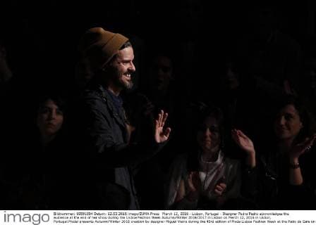 March 12, 2016 - Lisbon, Portugal - Designer Pedro Pedro acknowledges the audience at the end of her show during the Lisboa Fashion Week Autumn Winter 2016 2017 in Lisbon on March 12, 2016 in Lisbon, Portugal.Model presents Autumn Winter 2016 creation by designer Miguel Vieira during the 45rd edition of Moda Lisboa Fashion Week at the Patio da Gale on Terreiro do Paco Square in Lisbon on March 12, 2016. NURPHOTO CARLOS PALMA. Lisbon Portugal  - ZUMAn230
