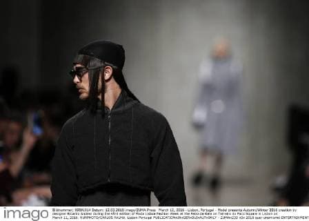 March 12, 2016 - Lisbon, Portugal - Model presents Autumn Winter 2016 creation by designer Ricardo Andrez during the 45rd edition of Moda Lisboa Fashion Week at the Patio da Gale on Terreiro do Paco Square in Lisbon on March 12, 2016. NURPHOTO CARLOS PALMA. Lisbon Portugal  - ZUMAn230