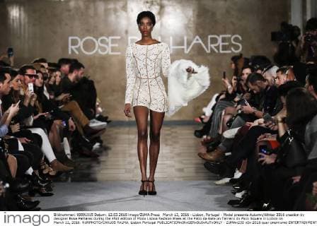 March 12, 2016 - Lisbon, Portugal - Model presents Autumn Winter 2016 creation by designer Rose Palhares during the 45rd edition of Moda Lisboa Fashion Week at the Patio da Gale on Terreiro do Paco Square in Lisbon on March 12, 2016. NURPHOTO CARLOS PALMA. Lisbon Portugal  - ZUMAn230