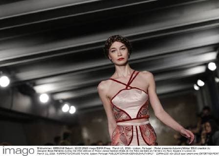 March 12, 2016 - Lisbon, Portugal - Model presents Autumn Winter 2016 creation by designer Rose Palhares during the 45rd edition of Moda Lisboa Fashion Week at the Patio da Gale on Terreiro do Paco Square in Lisbon on March 12, 2016. NURPHOTO CARLOS PALMA. Lisbon Portugal  - ZUMAn230