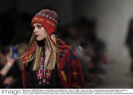 March 12, 2016 - Lisbon, Portugal - Model presents Autumn Winter 2016 creation by designer Christophe Sauvat during the 45rd edition of Moda Lisboa Fashion Week at the Patio da Gale on Terreiro do Paco Square in Lisbon on March 12, 2016. NURPHOTO CARLOS PALMA. Lisbon Portugal  - ZUMAn230