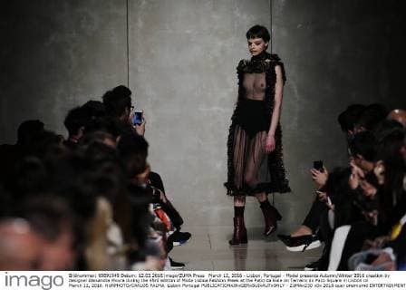 March 12, 2016 - Lisbon, Portugal - Model presents Autumn Winter 2016 creation by designer Alexandra Moura during the 45rd edition of Moda Lisboa Fashion Week at the Patio da Gale on Terreiro do Paco Square in Lisbon on March 12, 2016. NURPHOTO CARLOS PALMA. Lisbon Portugal  - ZUMAn230