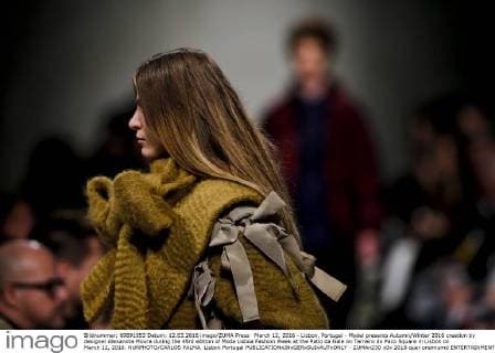 March 12, 2016 - Lisbon, Portugal - Model presents Autumn Winter 2016 creation by designer Alexandra Moura during the 45rd edition of Moda Lisboa Fashion Week at the Patio da Gale on Terreiro do Paco Square in Lisbon on March 12, 2016. NURPHOTO CARLOS PALMA. Lisbon Portugal  - ZUMAn230