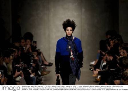 March 12, 2016 - Lisbon, Portugal - Model presents Autumn Winter 2016 creation by designer Miguel Vieira during the 45rd edition of Moda Lisboa Fashion Week at the Patio da Gale on Terreiro do Paco Square in Lisbon on March 12, 2016. NURPHOTO CARLOS PALMA. Lisbon Portugal  - ZUMAn230