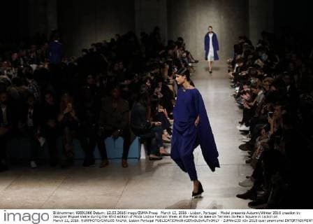 March 12, 2016 - Lisbon, Portugal - Model presents Autumn Winter 2016 creation by designer Miguel Vieira during the 45rd edition of Moda Lisboa Fashion Week at the Patio da Gale on Terreiro do Paco Square in Lisbon on March 12, 2016. NURPHOTO CARLOS PALMA. Lisbon Portugal  - ZUMAn230