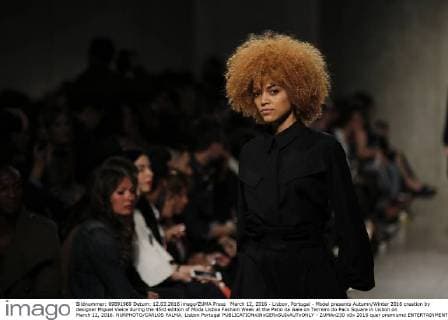 March 12, 2016 - Lisbon, Portugal - Model presents Autumn Winter 2016 creation by designer Miguel Vieira during the 45rd edition of Moda Lisboa Fashion Week at the Patio da Gale on Terreiro do Paco Square in Lisbon on March 12, 2016. NURPHOTO CARLOS PALMA. Lisbon Portugal  - ZUMAn230