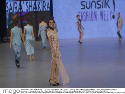 Pakistan: PFDC sunsilk fashion week in Lahore Pakistani model presents creations by famous designer Saira Shakira on the third day of Pakistan Fashion Design Council (PFDC) Sunsilk Fashion Week 2016.  RanaxSajidxHussain