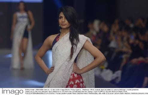Pakistan: PFDC sunsilk fashion week in Lahore Pakistani model presents creations by famous designer Saira Shakira on the third day of Pakistan Fashion Design Council (PFDC) Sunsilk Fashion Week 2016.  RanaxSajidxHussain