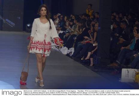 Pakistan: PFDC sunsilk fashion week in Lahore Pakistani model presents creations by famous designer Saira Shakira on the third day of Pakistan Fashion Design Council (PFDC) Sunsilk Fashion Week 2016.  RanaxSajidxHussain