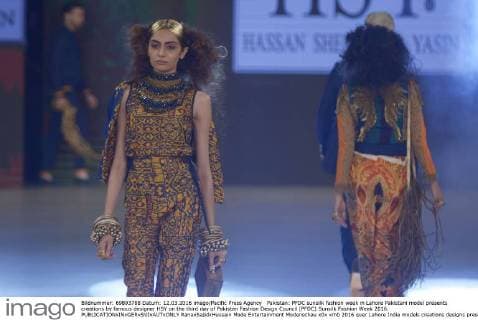Pakistan: PFDC sunsilk fashion week in Lahore Pakistani model presents creations by famous designer HSY on the third day of Pakistan Fashion Design Council (PFDC) Sunsilk Fashion Week 2016.  RanaxSajidxHussain