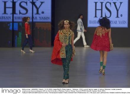 Pakistan: PFDC sunsilk fashion week in Lahore Pakistani model presents creations by famous designer HSY on the third day of Pakistan Fashion Design Council (PFDC) Sunsilk Fashion Week 2016.  RanaxSajidxHussain