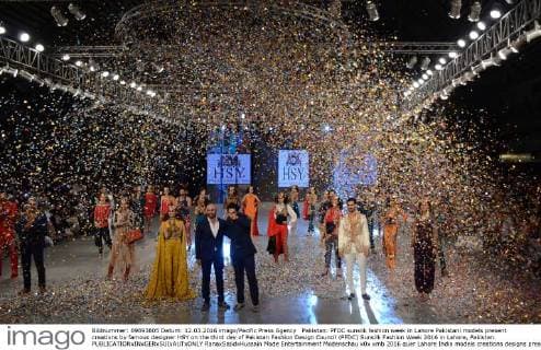 Pakistan: PFDC sunsilk fashion week in Lahore Pakistani models present creations by famous designer HSY on the third day of Pakistan Fashion Design Council (PFDC) Sunsilk Fashion Week 2016 in Lahore, Pakistan.  RanaxSajidxHussain