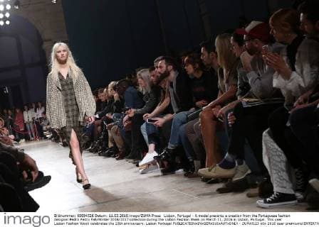 Lisbon, Portugal - A model presents a creation from the Portuguese fashion designer Pedro Pedro Fall Winter 2016 2017 collection during the Lisbon Fashion Week on March 11, 2016 in Lisbon, Portugal. This year Lisbon Fashion Week celebrates the 25th anniversary. Lisbon Portugal - ZUMAf123