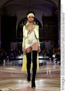 Lisbon, Portugal - A model presents a creation from Morecco Fall Winter 2016 2017 collection during the Lisbon Fashion Week on March 11, 2016 in Lisbon, Portugal. This year Lisbon Fashion Week celebrates the 25th anniversary. Lisbon Portugal - ZUMAf123