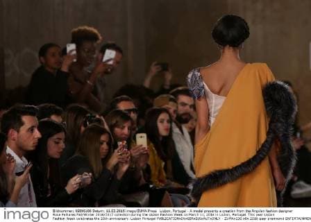 Lisbon, Portugal - A model presents a creation from the Angolan fashion designer Rose Palhares Fall Winter 2016 2017 collection during the Lisbon Fashion Week on March 11, 2016 in Lisbon, Portugal. This year Lisbon Fashion Week celebrates the 25th anniversary. Lisbon Portugal  - ZUMAn230