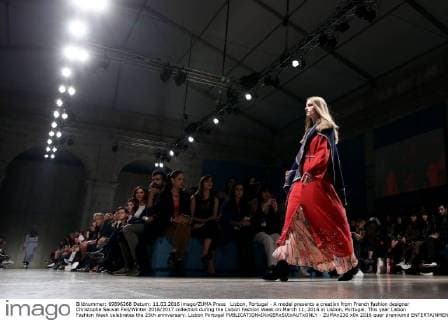 Lisbon, Portugal - A model presents a creation from French fashion designer Christophe Sauvat Fall Winter 2016 2017 collection during the Lisbon Fashion Week on March 11, 2016 in Lisbon, Portugal. This year Lisbon Fashion Week celebrates the 25th anniversary. Lisbon Portugal  - ZUMAn230