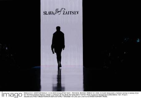 MOSCOW, RUSSIA. MARCH 12, 2016. A model showcases creations during a runway show for the Slava Zaitsev Fashion House s collection at the 2016 Mercedes Benz Fashion Week Russia at Manege Central Exhibition Hall. Artyom Geodakyan TASS  TS019326