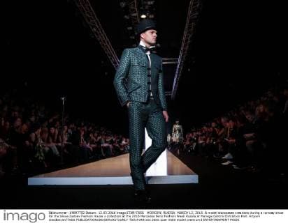 MOSCOW, RUSSIA. MARCH 12, 2016. A model showcases creations during a runway show for the Slava Zaitsev Fashion House s collection at the 2016 Mercedes Benz Fashion Week Russia at Manege Central Exhibition Hall. Artyom Geodakyan TASS  TS019348