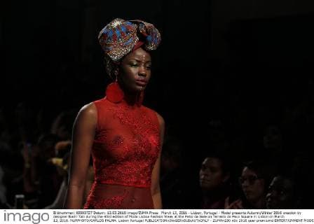 March 13, 2016 - Lisbon, Portugal - Model presents Autumn Winter 2016 creation by designer Nadir Tati during the 45rd edition of Moda Lisboa Fashion Week at the Patio da Gale on Terreiro do Paco Square in Lisbon on March 13, 2016. NURPHOTO CARLOS PALMA. Lisbon Portugal  - ZUMAn230