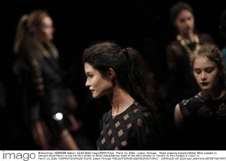 March 13, 2016 - Lisbon, Portugal - Model presents Autumn Winter 2016 creation by designer Filipe Faisca during the 45rd edition of Moda Lisboa Fashion Week at the Patio da Gale on Terreiro do Paco Square in Lisbon on March 13, 2016. NURPHOTO CARLOS PALMA. Lisbon Portugal  - ZUMAn230