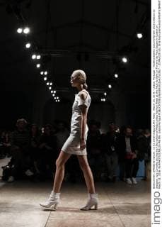 March 13, 2016 - Lisbon, Portugal - Model presents Autumn Winter 2016 creation by designer Luis Carvalho during the 45rd edition of Moda Lisboa Fashion Week at the Patio da Gale on Terreiro do Paco Square in Lisbon on March 13, 2016. NURPHOTO CARLOS PALMA. Lisbon Portugal  - ZUMAn230