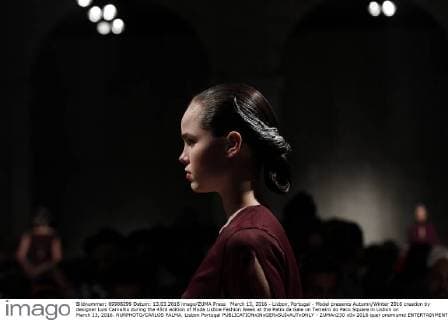 March 13, 2016 - Lisbon, Portugal - Model presents Autumn Winter 2016 creation by designer Luis Carvalho during the 45rd edition of Moda Lisboa Fashion Week at the Patio da Gale on Terreiro do Paco Square in Lisbon on March 13, 2016. NURPHOTO CARLOS PALMA. Lisbon Portugal  - ZUMAn230