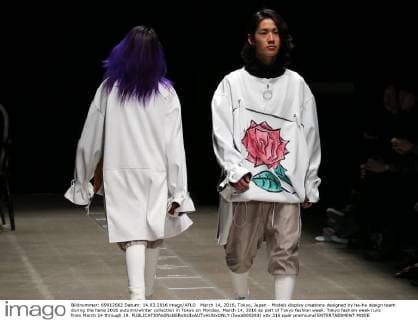 March 14, 2016, Tokyo, Japan - Models display creations designed by ha-ha design team during the haha 2016 autumn winter collection in Tokyo on Monday, March 14, 2016 as part of Tokyo fashion week. Tokyo fashion week runs from March 14 through 19.  (lwxa000293)