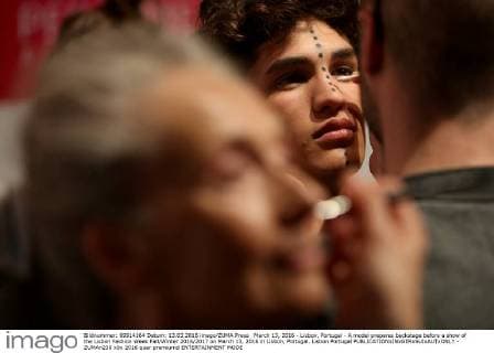 March 13, 2016 - Lisbon, Portugal - A model prepares backstage before a show of the Lisbon Fashion Week Fall Winter 2016 2017 on March 13, 2016 in Lisbon, Portugal. Lisbon Portugal  - ZUMAn230