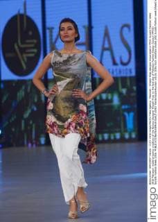 Pakistan : Khaadi Khas designs showcased in PFDC Sunsilk Fashion Week 2016 Pakistani model presents creations of the famous designer Khaadi Khas on the last day of Pakistan Fashion Design Council (PFDC) Sunsilk Fashion Week 2016.  RanaxSajidxHussain