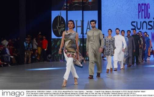 Pakistan : Khaadi Khas designs showcased in PFDC Sunsilk Fashion Week 2016 Pakistani model presents creations of the famous designer Khaadi Khas on the last day of Pakistan Fashion Design Council (PFDC) Sunsilk Fashion Week 2016.  RanaxSajidxHussain