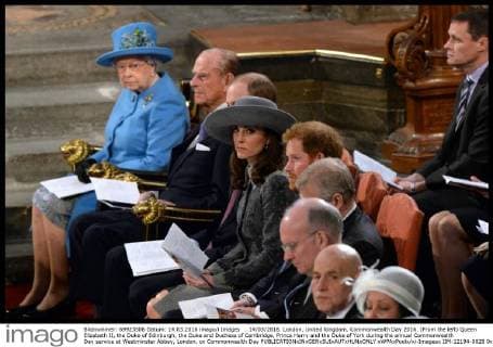 . 14 03 2016. London, United Kingdom. Commonwealth Day 2016. (From the left) Queen Elizabeth II, the Duke of Edinburgh, the Duke and Duchess of Cambridge, Prince Harry and the Duke of York during the annual Commonwealth Day service at Westminster Abbey, London, on Commonwealth Day  xWPAxPoolx xi-Imagesx IIM-12194-0028