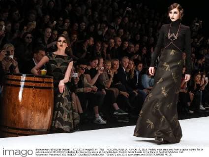 MOSCOW, RUSSIA. MARCH 14, 2016. Models wear creations from a catwalk show for an autumn-winter 2016 2017 collection by Ksenia Knyazeva at Mercedes-Benz Fashion Week Russia in the Manezh Central Exhibition Hall. Vyacheslav Prokofyev TASS  TS0196F2