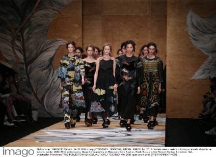 MOSCOW, RUSSIA. MARCH 14, 2016. Models wear creations during a catwalk show for an autumn winter 2016 2017 collection by Alena Akhmadullina at Mercedes-Benz Fashion Week Russia in the Manezh Central Exhibition Hall. Vyacheslav Prokofyev TASS  TS0196E7