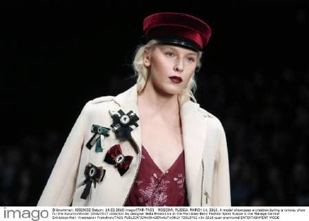 MOSCOW, RUSSIA. MARCH 14, 2016. A model showcases a creation during a runway show for the Autumn Winter 2016 2017 collection by designer Bella Potemkina at the Mercedes-Benz Fashion Week Russia in the Manege Central Exhibition Hall. Vyacheslav Prokofyev TASS  TS019702