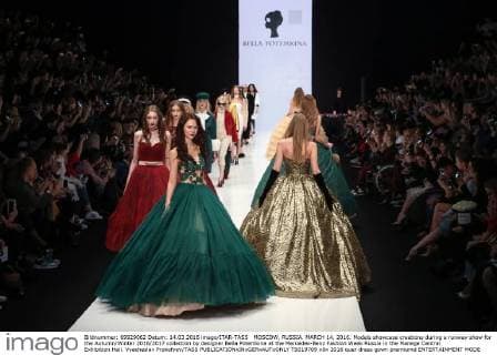 MOSCOW, RUSSIA. MARCH 14, 2016. Models showcase creations during a runway show for the Autumn Winter 2016 2017 collection by designer Bella Potemkina at the Mercedes-Benz Fashion Week Russia in the Manege Central Exhibition Hall. Vyacheslav Prokofyev TASS  TS019709