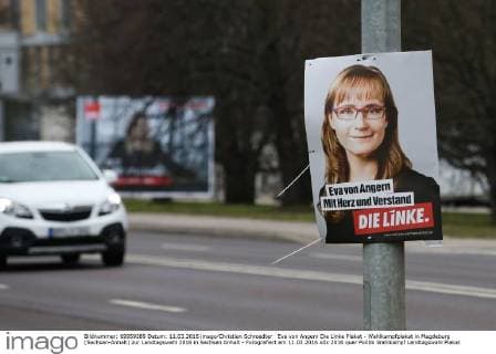 Eva von Angern Die Linke Plakat - Wahlkampfplakat in Magdeburg (Sachsen-Anhalt) zur Landtagswahl 2016 in Sachsen Anhalt - Fotografiert am 11.03.2016