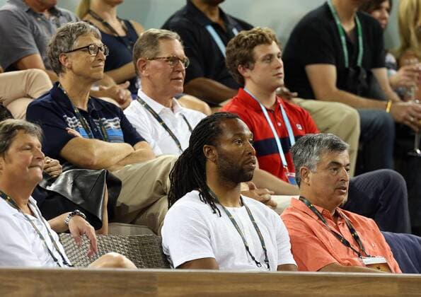 March 18, 2016: Bill Gates and Larry Fitzgerald watches a match between Serena Williams and Agnieszka Radwanska of Poland during the 2016 BNP Paribas Open at Indian Wells Tennis Garden in Indian Wells, California. Indian Wells U.S. - ZUMAcb8_